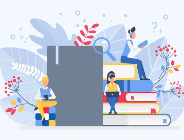 NIS ilustracija - ljudi sede na knjigama i uče